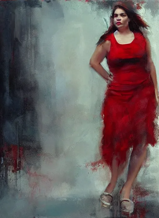 Prompt: beautiful plus size girl, red dress, painting by jeremy mann