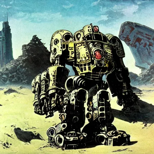 Prompt: a blasted wasteland filled with the ruins of giant mecha, frank frazetta