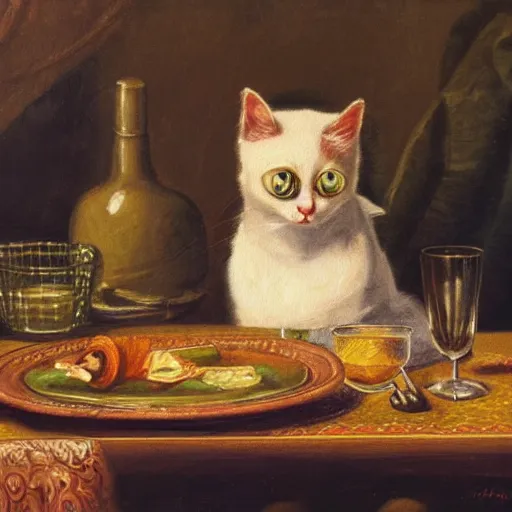 Image similar to cat eating dinner alone, Rococo oil painting