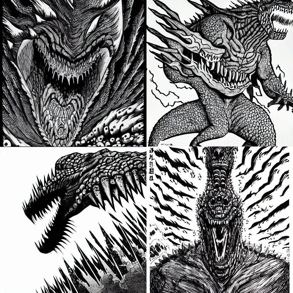 Prompt: godzilla in the style of junji ito. Artstation