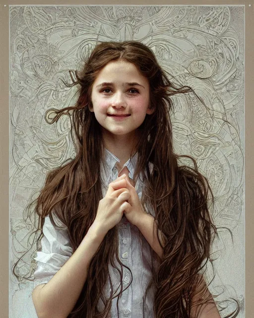 Image similar to portrait of 1 5 - year - old girl, little smile, with large front teeth, hermione, very bushy brown hair, and very bright brown eyes, wearing white shirt, hyper realistic face, beautiful eyes, close up, fantasy art, in the style of greg rutkowski, intricate, alphonse mucha, hyper detailed, smooth