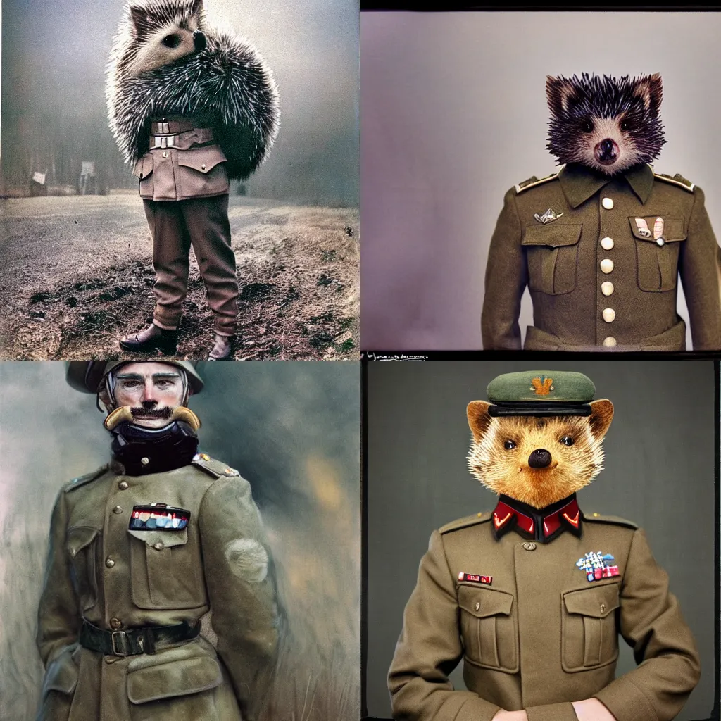 Prompt: oversize anthropomorphic hedgehog as war general in war general uniform with many orders, secretly on a village, Cinematic focus, Polaroid photo, vintage, neutral colors, soft lights, foggy, by Steve Hanks, by Serov Valentin, by lisa yuskavage, by Andrei Tarkovsky