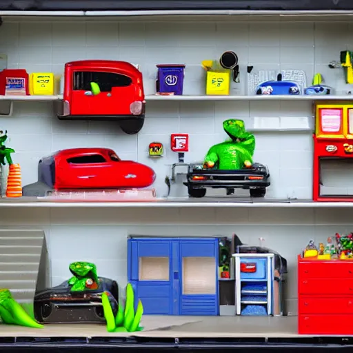 Image similar to fisher price garage with carnivorous plants on the shelves and packing peanuts on the floor, scene from tv show hyper detailed 5 5 mm 8 5 mm, toy photography, made out of plastic