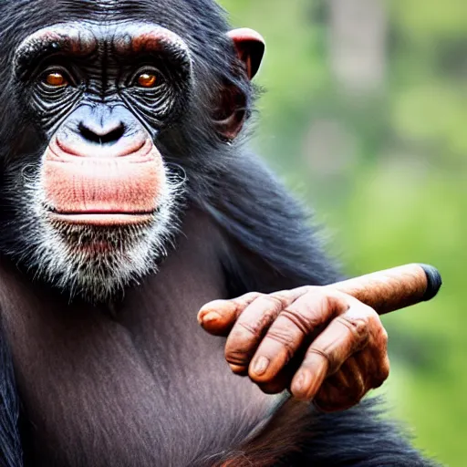 Image similar to a high detail closeup shot of a chimp wearing a suit and smoking a cigar