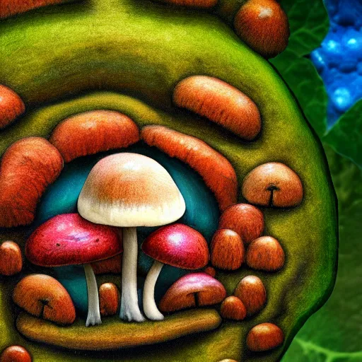 Image similar to macro photo with a mushroom character with cute eyes and mycelium, very close to real nature, natural colors and natural surroundings, painted patterns and coloring on mushrooms, 8K, highly detailed, cartoon