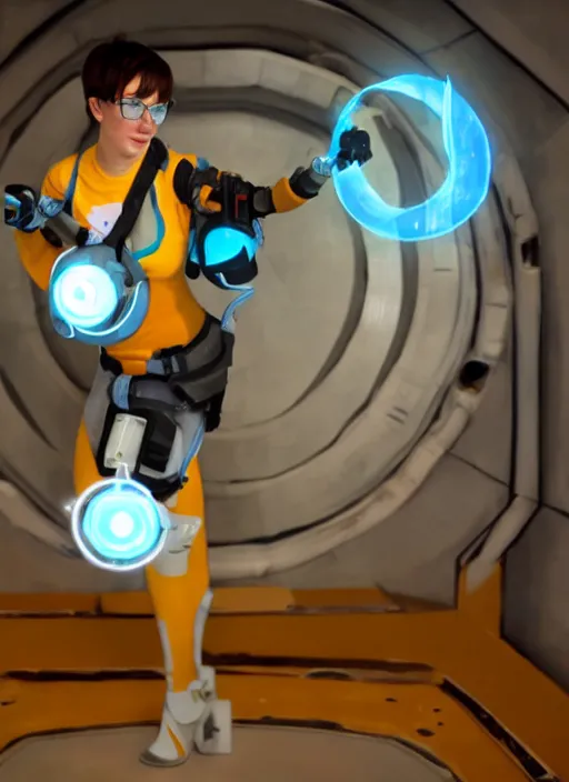 Prompt: full body oil painting of the character tracer holding a portal gun standing in a portal 2 test chamber, valve,