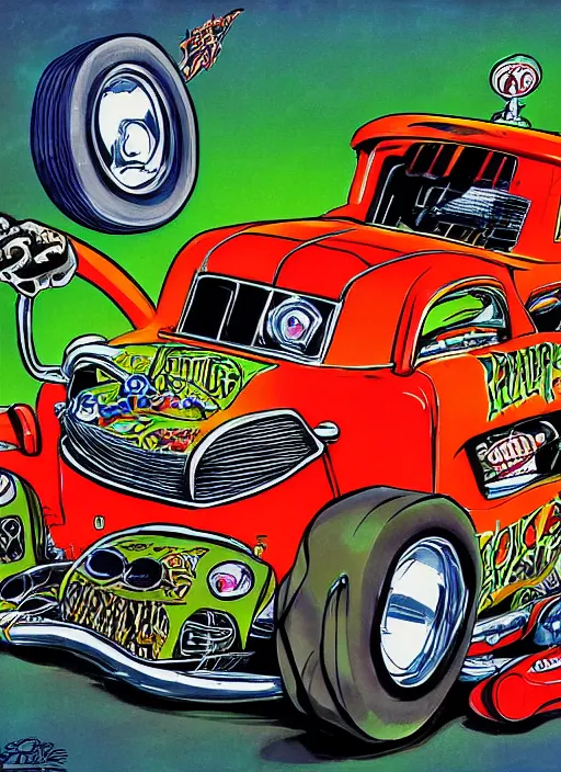 Prompt: rat fink driving his hot rod by ed big daddy roth