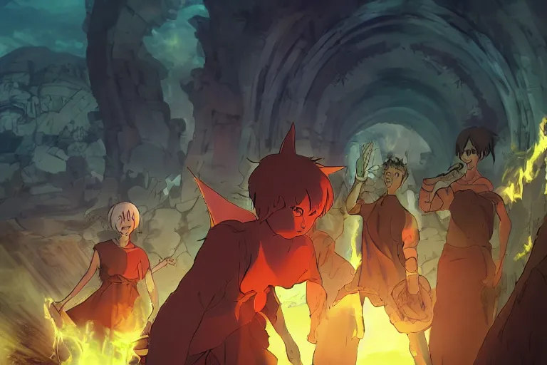 Image similar to cell shaded key visual of a group demons emerging from a portal, dramatic lighting, in the style of studio ghibli, moebius, makoto shinkai,