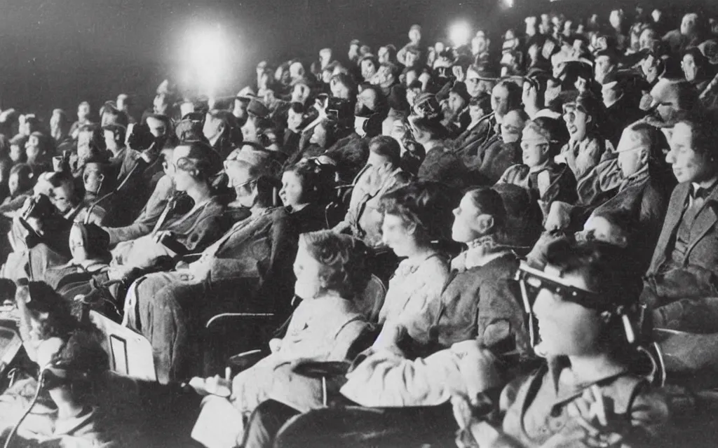 Image similar to 1 9 0 0 s photo of people using iphones ipods virtual reality headsets vr watching hd tv in a movie theater