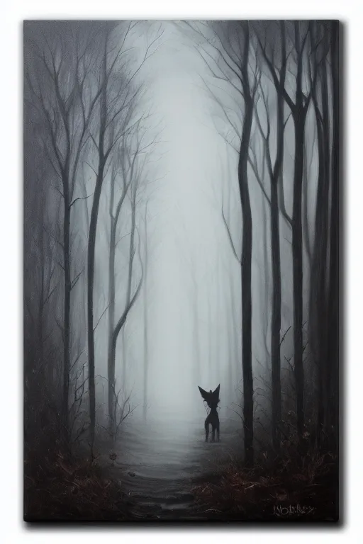 Image similar to dark and spooky woods. atmospheric, foggy, oil painting on canvas. fairytale with a wolf with glowing white eyes
