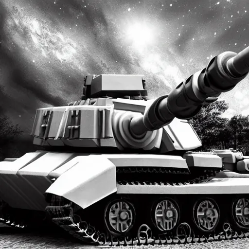 Image similar to heavy armor battle tank painted in white and black yin - yang dao symbol blasting away at dystopia, cosmos backdrop