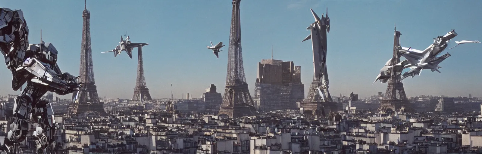 Image similar to Still from the 1969 movie MECHA-CONCORDE vs ROBO-EIFFEL the giant humanoid Eiffel Tower battles the swan-like superplane above the streets of paris-futur art direction by moebius hq production still technicolor