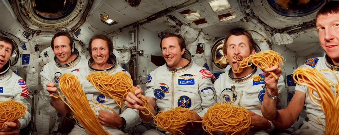 Image similar to astronauts eating spaghetti on their way to the moon, ultra - realistic faces, fine detail, anon 5 0 mm, in the style of diane arbus, in the style of wes anderson, kodachrome, retro