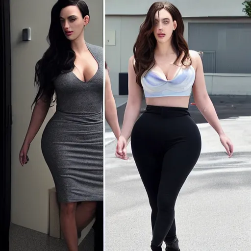 Image similar to a woman who is a genetic combination of kim kardashian and kat dennings and scarlett johansson and margot robbie and emma watson, face and upper - body focus