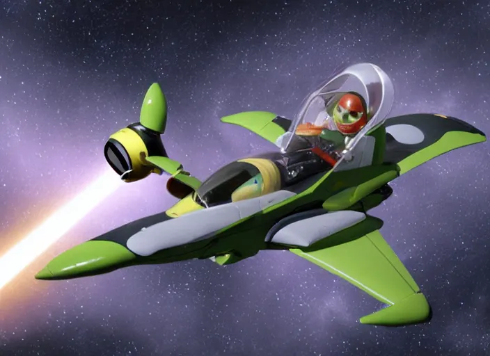 Image similar to buzz light - year flying a viper mk 2 into the death star