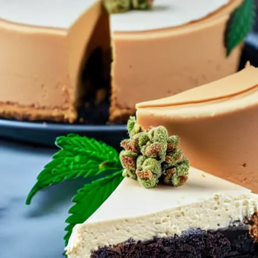 Image similar to close view of a delicious sweet and perfect marijuana cheesecake piece, award winning, 4 k, beautiful