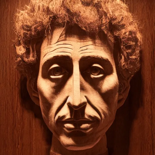 Image similar to accurate portrait of a bob dylan, symmetrical face, carved out of red oak wood on a pedestal art by stephan balkenhol, dramatic lighting, artsy, 8 k