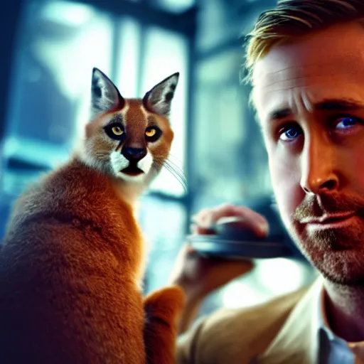 Image similar to Ryan Gosling holding cute caracal in a cafe in a cyberpunk city, close up shot, sharp focus, shallow depth of field, highly detailed face, 8k, unreal engine 5, cinematic lighting, vivid elegant fantasy concept art, character art, stern blue neon atmosphere, artstation, deep complimentary colors, volumetric lighting, photorealistic, hyperdetailed 3D matte painting, hyperrealism, hyperrealistic masterpiece