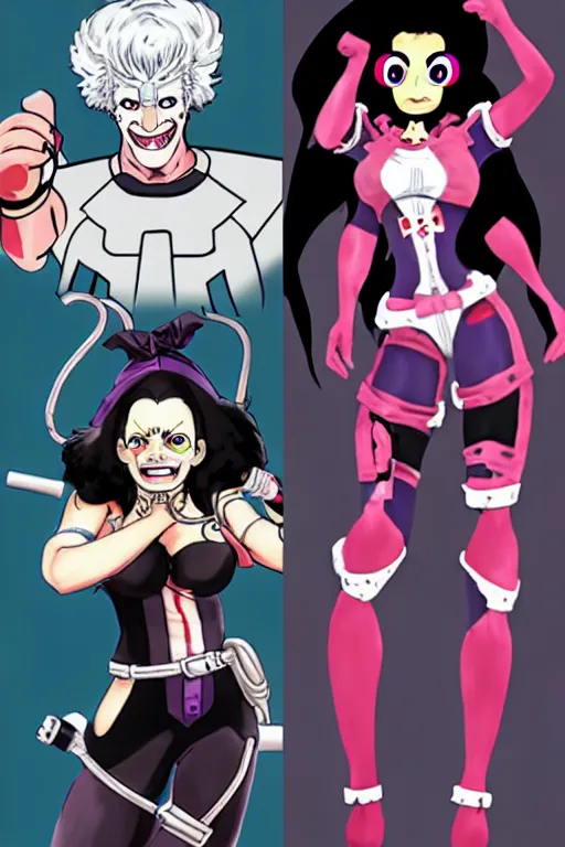 Prompt: fran drescher as screamstress, character design concept for overwatch and my hero academia, illustration in the style of hirohiko araki and shoji kawamori.