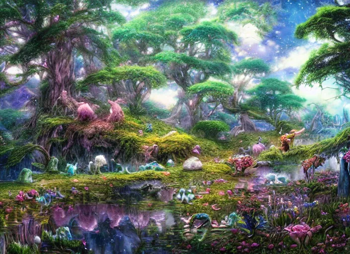 Image similar to desktop background, magical fantasy forest, magical creatures, fantasy critters, path traced, highly detailed, high quality, digital painting, by studio ghibli, lise deharme, alexander jansson, paul lehr, moebius, noriyoshi ohrai, tim white, hans zatzka, henriette ronner - knip, george stubbs, louis wain