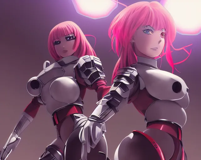 Image similar to anime visual, portrait of 2 buxom female battle sisters, wearing impractical female armour, space station hanger interior, cinematic luts, dynamic pose, dynamic perspective, strong silhouette, anime cels, ilya kuvshinov, crisp and sharp, rounded eyes, moody, cool colors, art style by kevin siembieda, palladium books