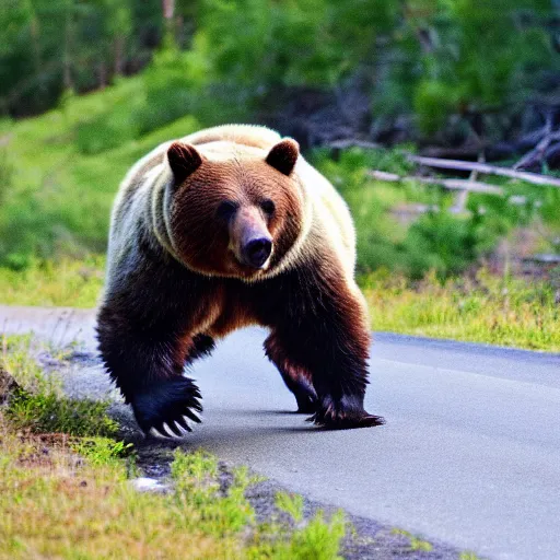 Image similar to a bear chasing a car, highly detailed, 4 k, trail cam footage