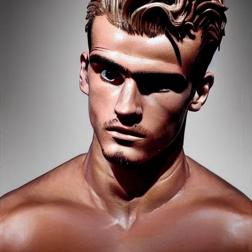 Image similar to a realistic detailed photo of a guy who is an attractive humanoid who is half robot and half humanoid, who is a male android, soccer player antoine griezmann, shiny skin, posing like a statue, blank stare, in a living room, on display, showing off his muscles