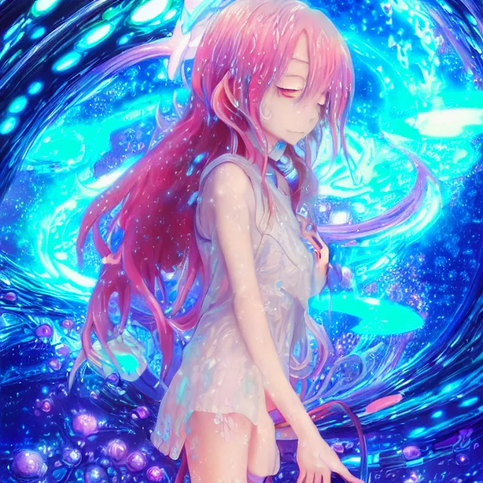 Image similar to ultra detailed illustration of a anime girl covered in liquid chrome, lost in a dreamy fairy multiverse by ross tran, Andrew Thomas Huang, dan mumford, Druillet, colorful, front view, vivid colors, 8k, coherent, artgerm, anime vibes, octane render, uplifting, magical composition, artstation