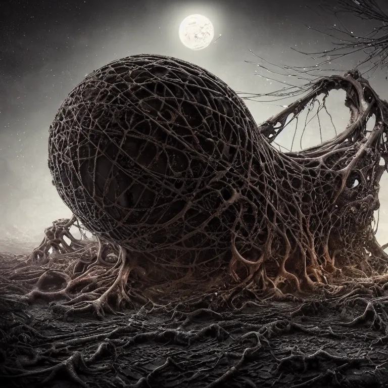 Image similar to ribbed abandoned biomechanical organic crashed car wreck on exoplanet at night, in a desolate empty wasteland, covered with organic roots, wires, tentacles, creepy, nightmare, dream-like heavy atmosphere, surreal abandoned buildings, baroque painting, beautiful detailed intricate insanely detailed octane render trending on Artstation, 8K artistic photography, photorealistic, chiaroscuro, cinematic volumetric light, Raphael, Caravaggio, Beksinski, Giger