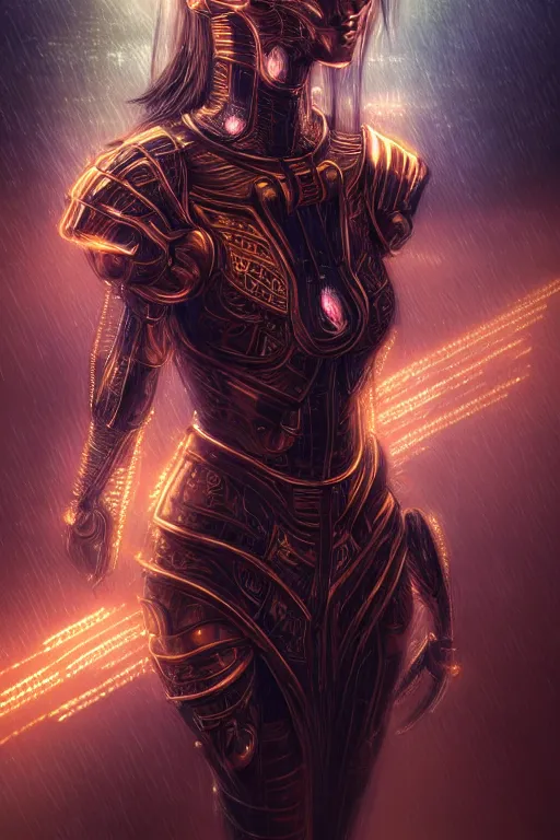 Image similar to portrait holy and mythical futuristic knights of Zodiac girl, golden and copper armor, in futuristic heavily raindrop ruin tokyo rooftop cyberpunk night, ssci-fi, fantasy, intricate, very very beautiful, elegant, neon light, highly detailed, digital painting, artstation, concept art, human anatomy, soft light, hdri, smooth, sharp focus, illustration, art by tian zi and craig mullins and WLOP and alphonse mucha