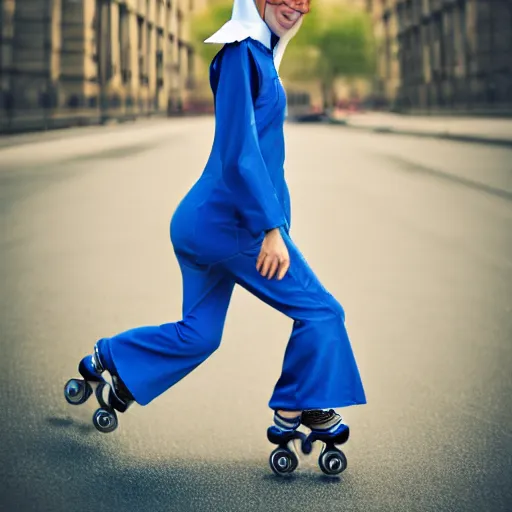 Image similar to blonde nun in blue clothes on roller skates, photorealistic