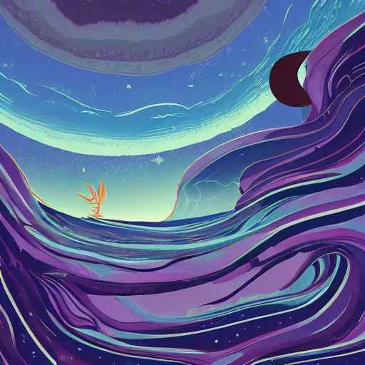 Prompt: sea under starry sky with reefs, collage, light purple tones, animated film, layers visible, stylised, illustration, fantasy art, 2 d game art, by eyvind earle, scott wills, genndy tartakovski, roman shipunov, etienne hebinger, atey ghailan, cgsociety, cynical realism