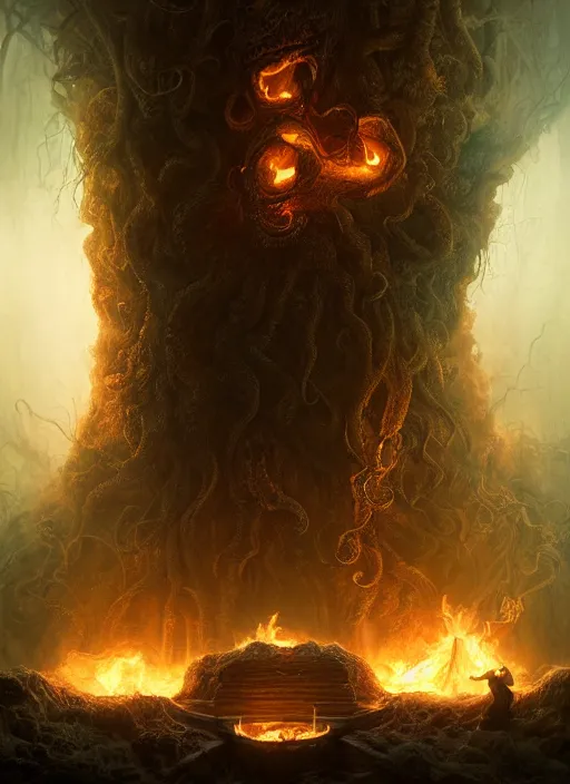 Image similar to giant tentacles and shub - niggurath destroying a glowing mansion in burning vapor dramatic lighting fantomatic head and faces floating catching fire, artstation, matte painting, bastien lecouffe - deharme, aykut aydogdu, allen williams, artem chebokha