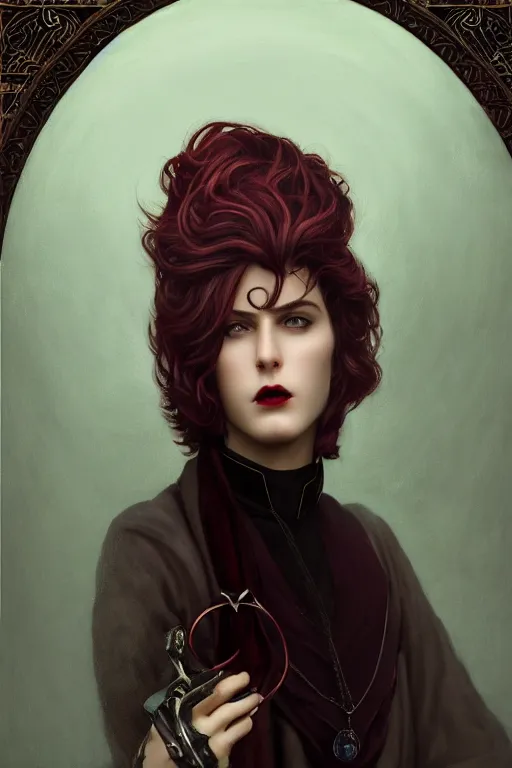 Image similar to a beautiful androgynous man, long thick dark hair, deep brown eyes, vampire, dressed in velvet, wearing a ruby pendant, illustration, dramatic lighting, soft details, painting oil on canvas, art nouveau, octane render, HDR, 4k, 8k, HD, by Edmund Blair Leighton, Brom, Charlie Bowater, faces by otto schmidt