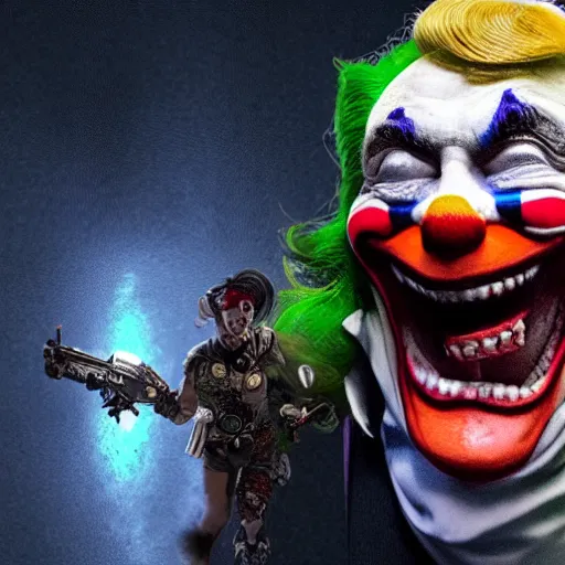 Image similar to donald trump as a joker - clown! in gears of war, splash art, movie still, cinematic lighting, ray tracing, detailed trump joker - clown face!, octane render, long lens, shallow depth of field, bokeh, anamorphic lens flare, 8 k, hyper detailed, 3 5 mm film grain