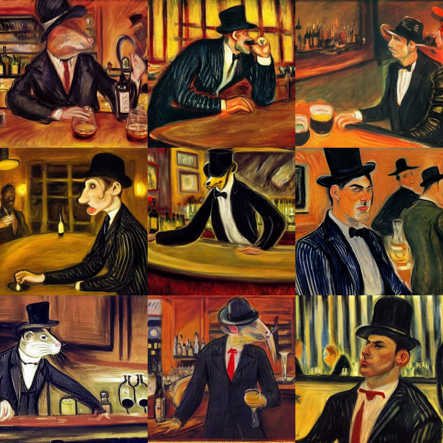 Prompt: A still of a male rat wearing a pinstriped suit and mafia-style hat, at a bar in an Edvard Munch painting