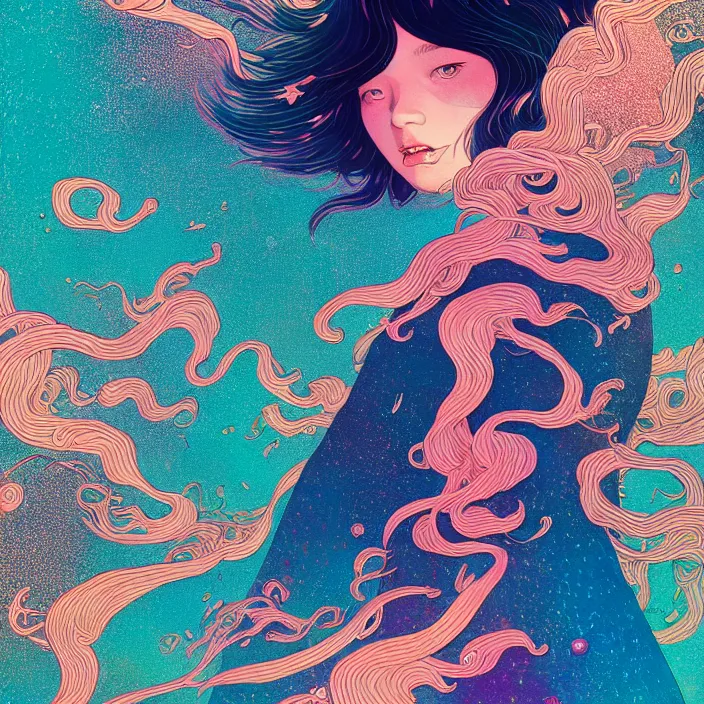 Prompt: ultra detailed illustration of a angry girl covered in liquid chrome, lost in a dreamy orental realm by Victo Ngai, Andrew Thomas Huang, Ohrai Noriyoshi,, colorful, front view, vivid colors, 8k, coherent, artgerm, uplifting, magical composition, artstation