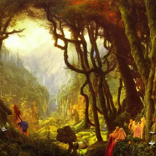 Image similar to a beautiful and highly detailed matte painting of a magical garden of delights in a mystical forest in a dream like valley deep in the magical mountains of avalon, intricate details, epic scale, insanely complex, 8 k, sharp focus, hyperrealism, very realistic, by caspar friedrich, albert bierstadt, james gurney, brian froud,