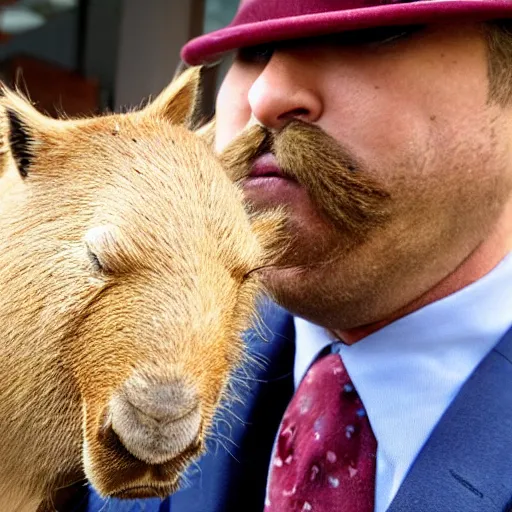 Image similar to smoking cigar, a man wearing a suit capybara head wearing a hat (smoking cigar)