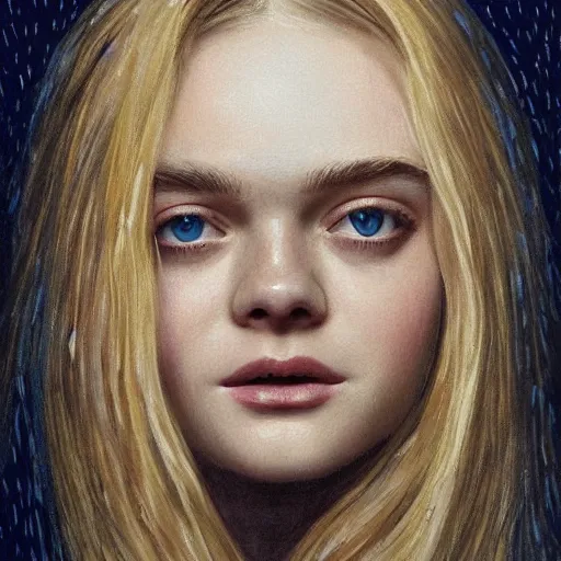 Image similar to professional painting of Elle Fanning in the style of Jeffrey Smith, head and shoulders portrait, symmetrical facial features, smooth, sharp focus, illustration, intricate, stormy weather, extremely detailed masterpiece,