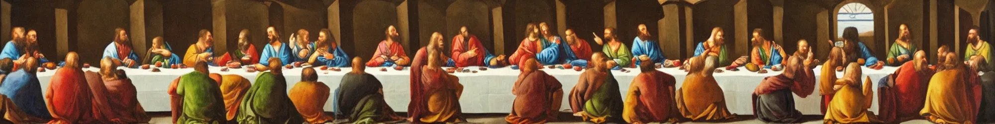 Image similar to the last supper for an extra large group of people, oil painting reproduction