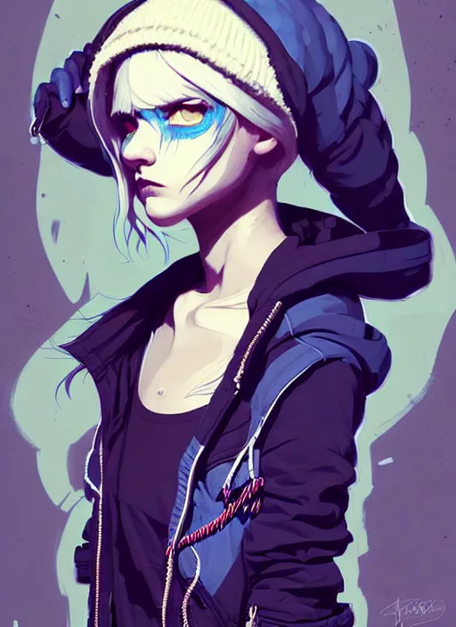 Image similar to highly detailed portrait of a sewer punk lady student, blue eyes, tartan hoodie, white hair by atey ghailan, by greg rutkowski, by greg tocchini, by james gilleard, by joe fenton, by kaethe butcher, gradient blue, black, brown and cream color scheme, grunge aesthetic!!! ( ( graffiti tag wall background ) )