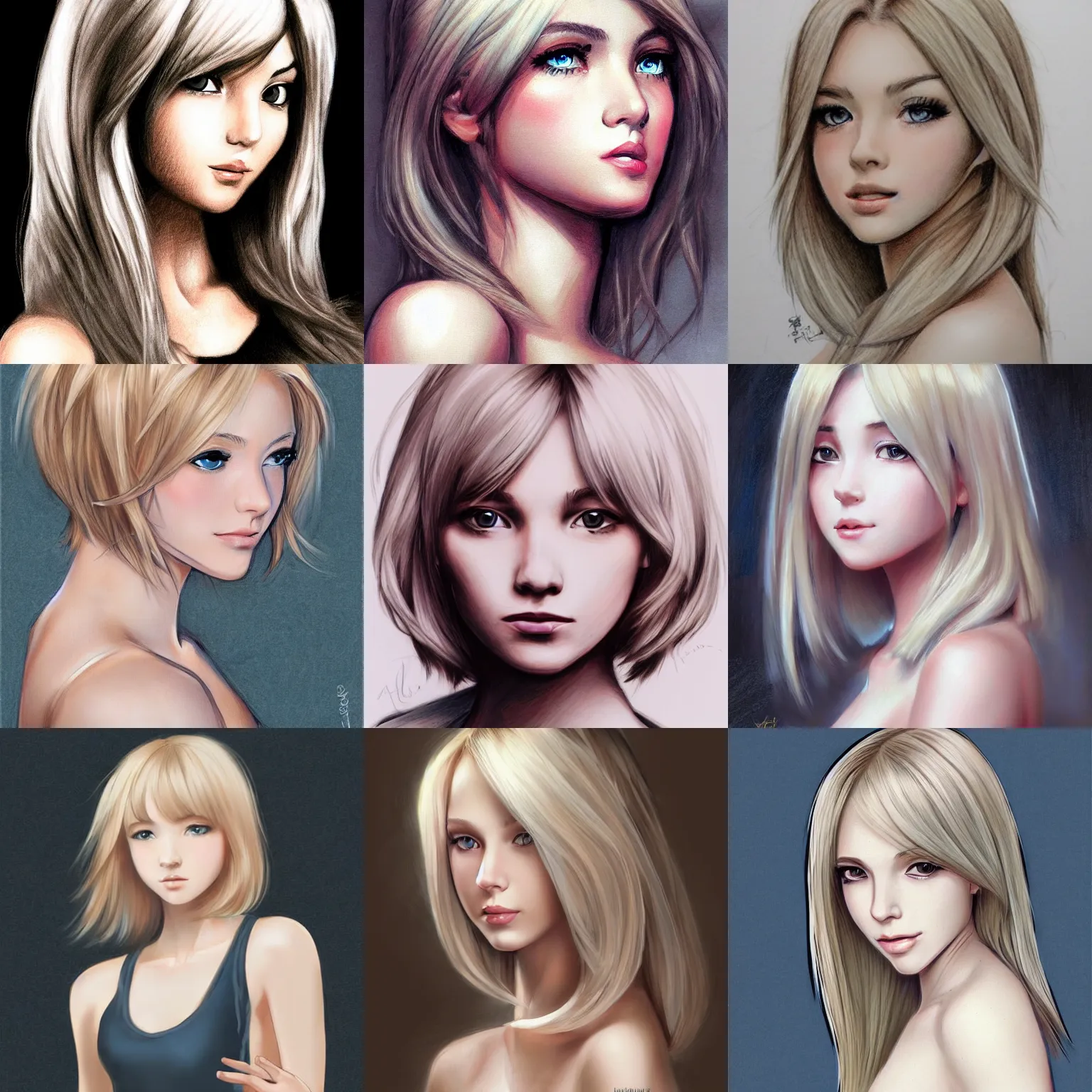 Prompt: high quality drawing of a pretty girl, with light blonde shoulder-length hair, in the style of mark arian and Ilya Kuvshinov