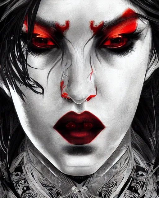 Image similar to brutal close up portrait intense vampire, flowing hair, highly detailed, very intricate, graphical errors, going gpu, art deco, chromatic aberration, harsh lighting, award - winning, unreal engine 5, illustration by mandy jurgens and alphonse mucha and yoji shinkawa, black and red only!!!, featured on artstation