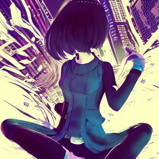 Image similar to Frequency indie album cover, luxury advertisement, indigo filter, blue and black colors. highly detailed post-cyberpunk sci-fi close-up schoolgirl in asian city in style of cytus and deemo, mysterious vibes, by Tsutomu Nihei, by Yoshitoshi ABe, by Ilya Kuvshinov, by Greg Tocchini, nier:automata, set in half-life 2, beautiful with eerie vibes, very inspirational, very stylish, with gradients, surrealistic, dystopia, postapocalyptic vibes, depth of field, mist, rich cinematic atmosphere, perfect digital art, mystical journey in strange world, beautiful dramatic dark moody tones and studio lighting, shadows, bastion game, arthouse