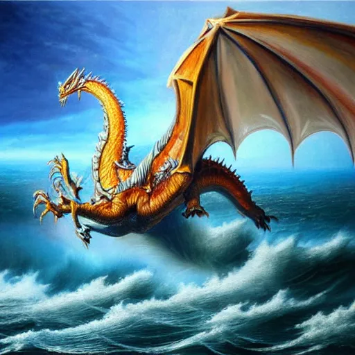 Image similar to fantastical oil painting of a large dragon flying above the sea at dawn, warm setting, sharp focus, perfect anatomy, hyper realistic, symmetrical, 4 k, highly ornate intricate details,