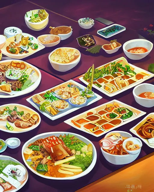 Image similar to a painting of a table full of korean foods, concept art by taro yamamoto, pixiv contest winner, auto - destructive art, official art, concept art, pixiv