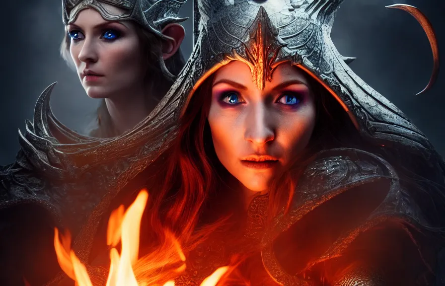 Prompt: 8 k uhd an elven priestess with grey eyes and red hair wearing an armor and casting a fire spell in a dungeon,