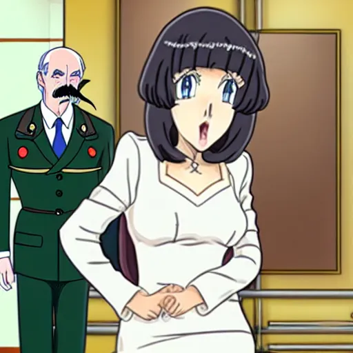 Image similar to a woman in a tight dress with a head like Alexander Lukashenko, with a mustache, Miyazaki anime style