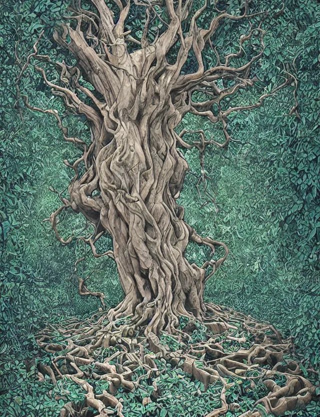 Image similar to an ancient tree with gnarled roots on a hill, there are rivulets of water running down and a maze on the ground by james jean and pascal blanche